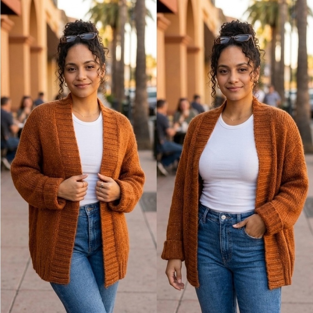 Z Supply Chunky Knit Cardigan Rust Brown Cozy Open Front Sweater Size L
